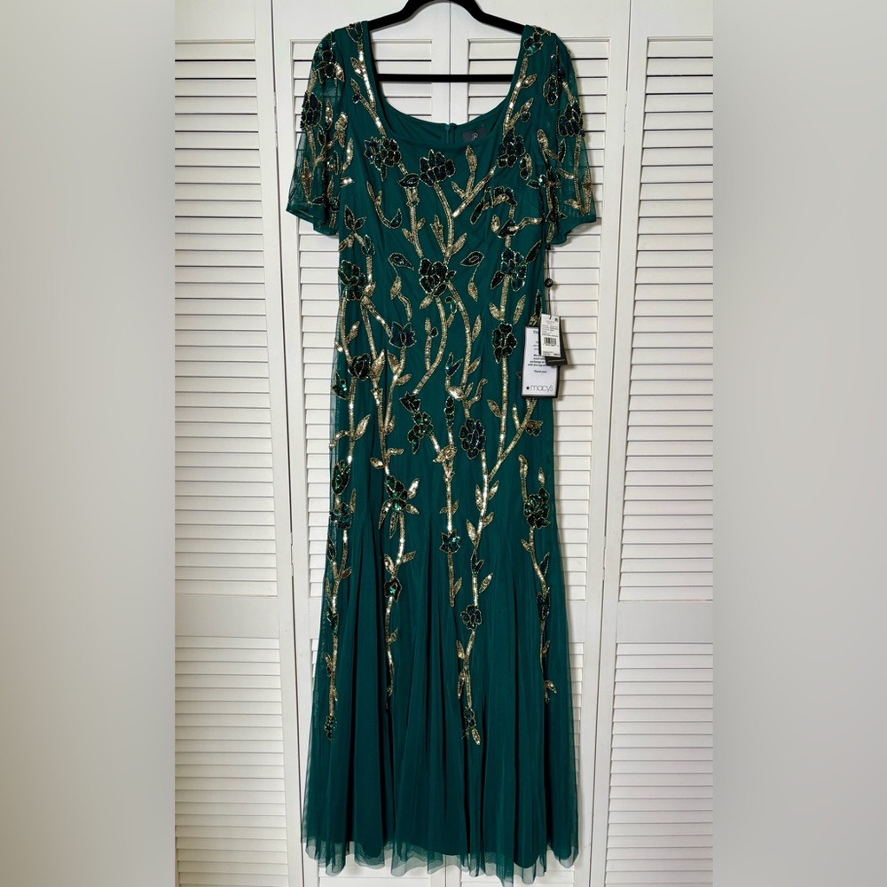 NWT Adrianna Papell Beaded Embellished Green & Gold Mesh Sequin Maxi Dress 10 - Picture 3 of 7